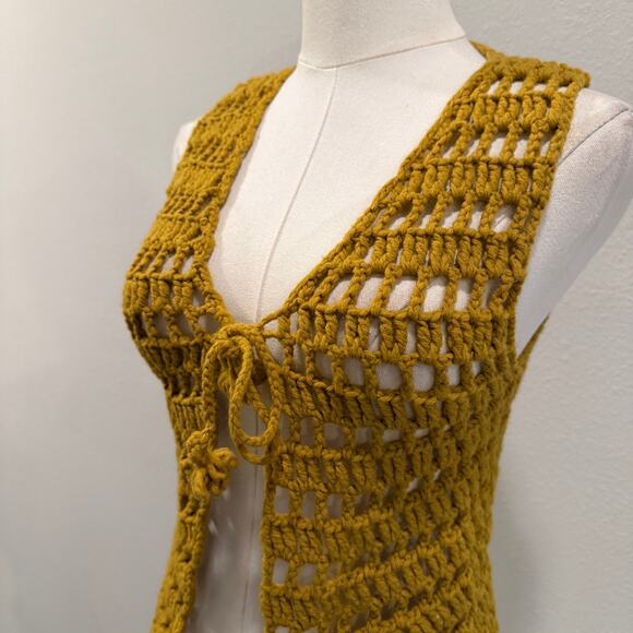 Handmade Mustard Yellow Crochet Tie Front Vest XS Boho Festival Y2K Hippie Indie - Picture 4 of 6